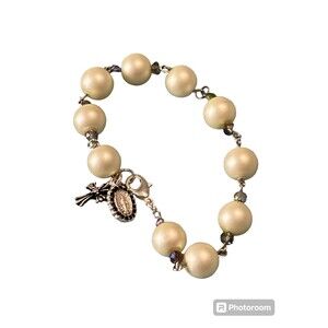 Catholic Bridal Bracelet Frosted Ivory Iridescent Mary